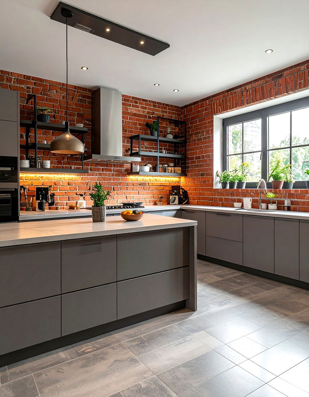 Brick Accent Wall - 30 warm modern kitchen ideas