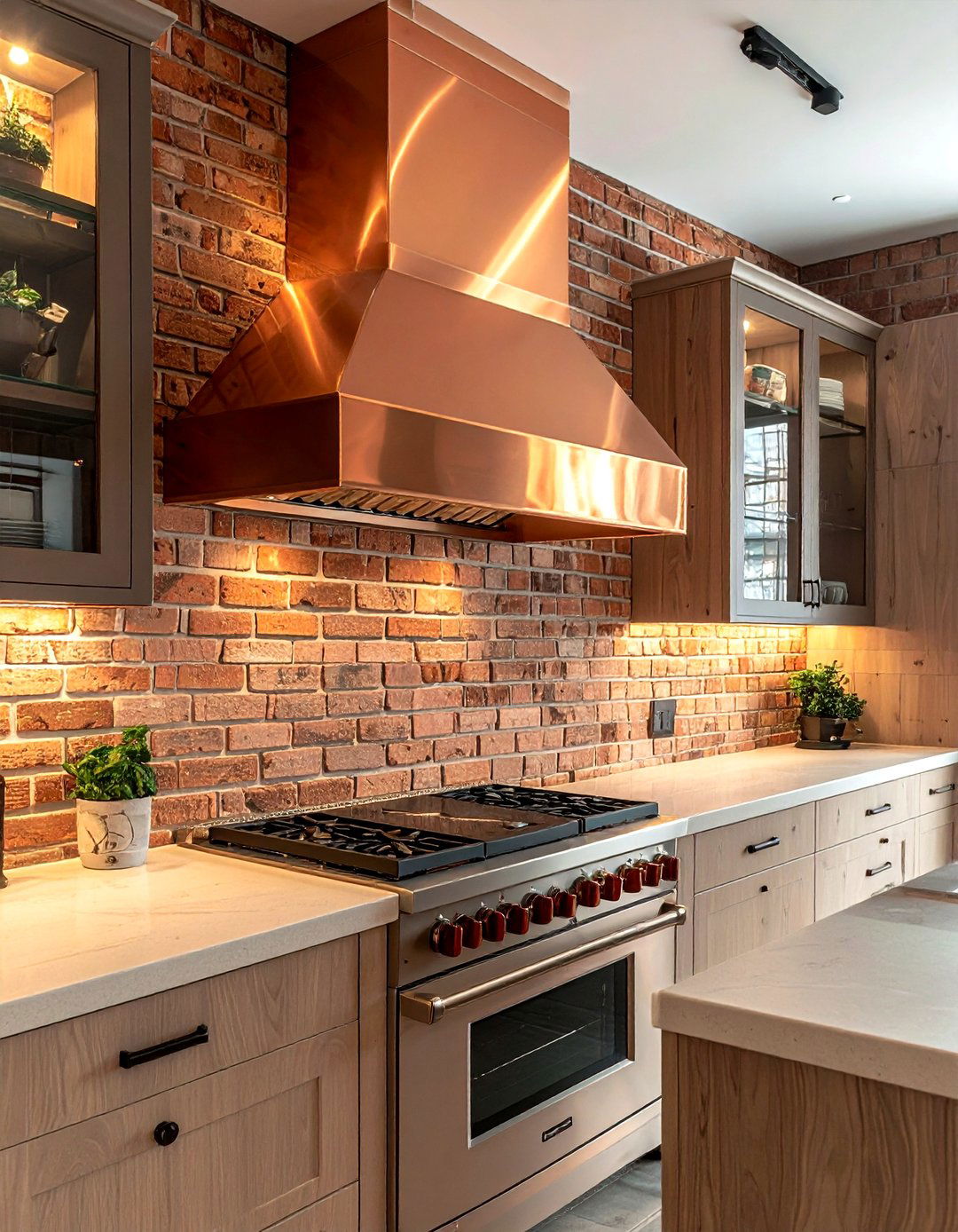 Brick Wall Copper Hood - 30 copper hood kitchen ideas