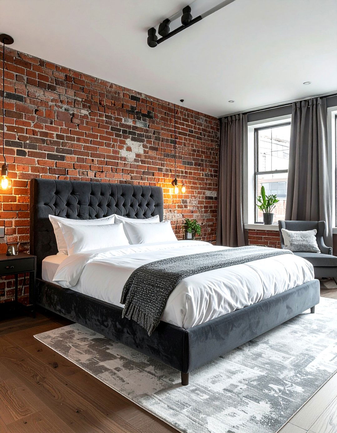 Brick Wall With Velvet Headboard - 30 mixed texture decor ideas