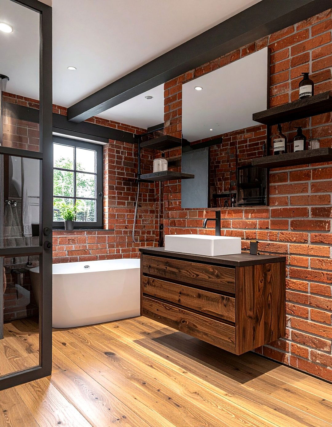 Brick and wood - 30 brick bathroom ideas