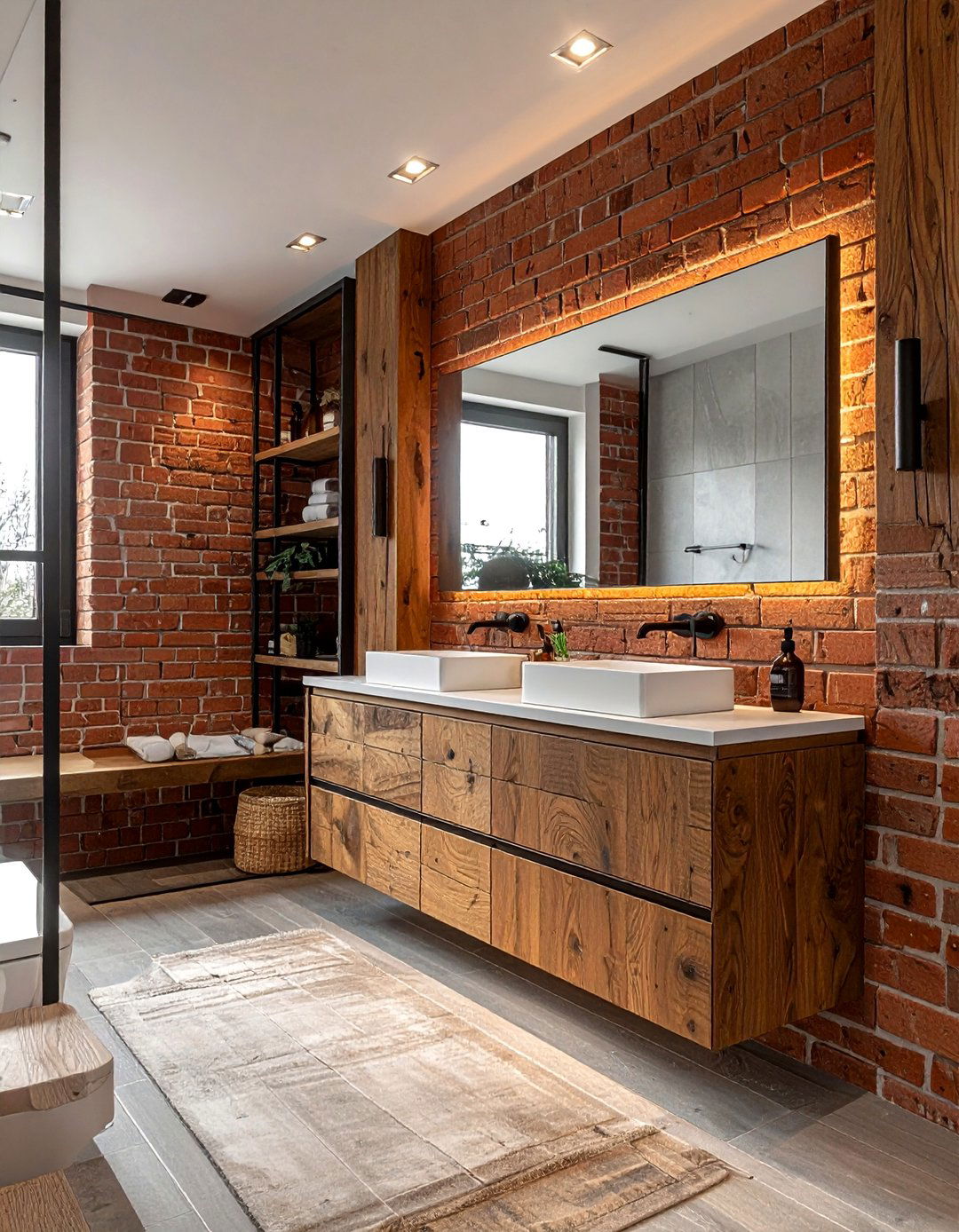 Brick and wood bathroom - 30 brick accent wall bathroom ideas