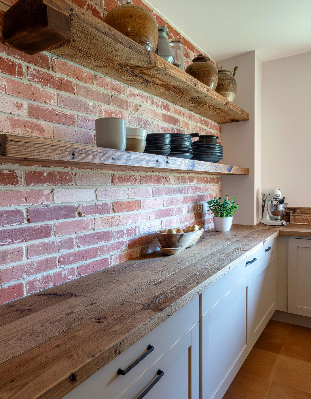Brick backsplash with rustic shelves - 30 open shelf backsplash kitchen ideas