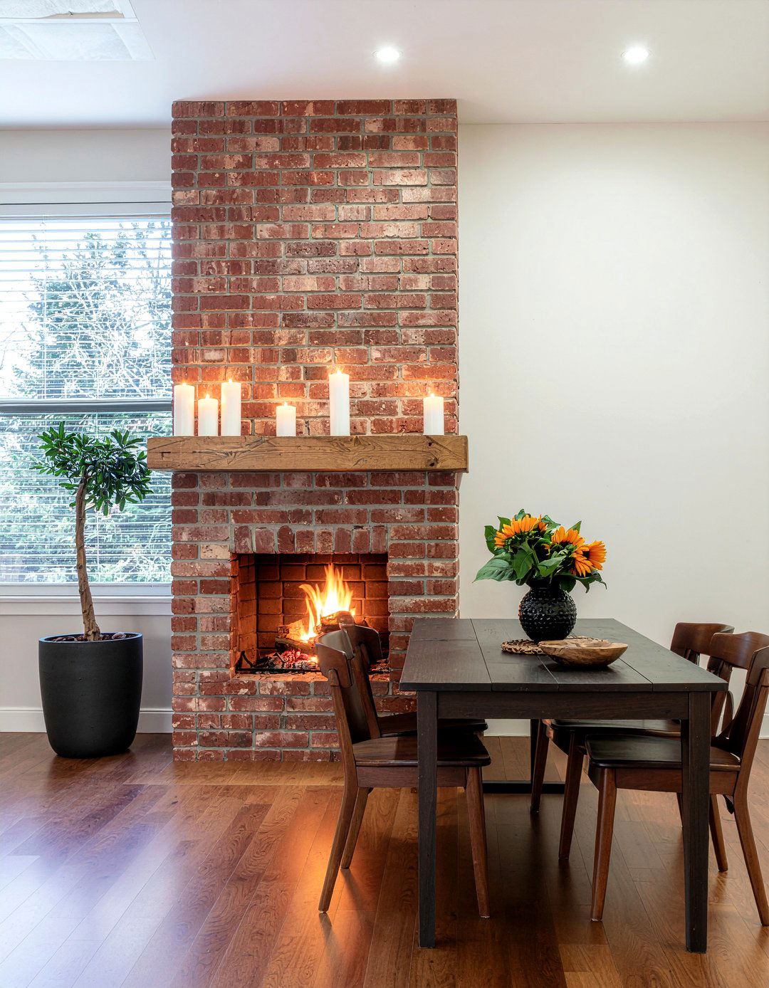 Brick fireplace - 30 rural dining room ideas