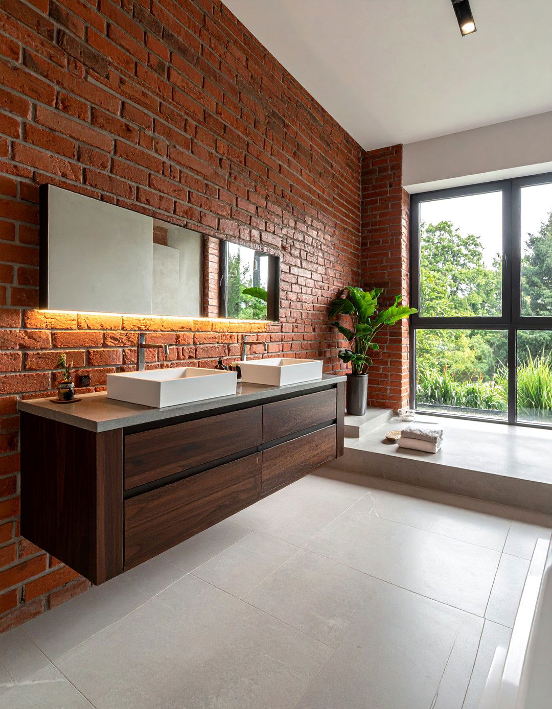 Brick wall and floating vanity - 30 brick accent wall bathroom ideas