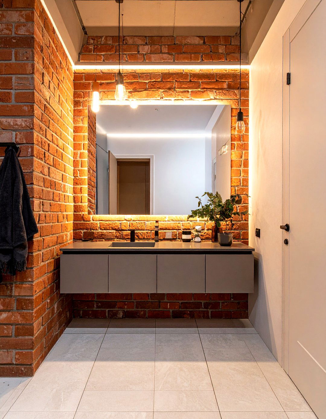 Brick wall behind bathroom mirror - 30 brick accent wall bathroom ideas