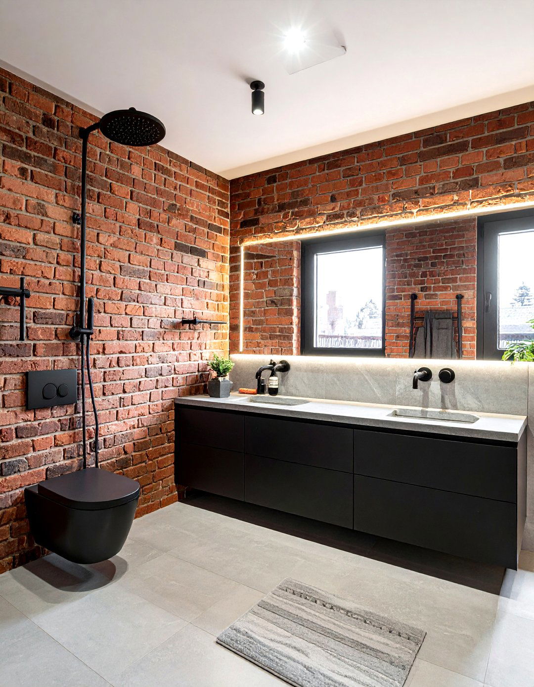 Brick wall with black fixtures - 30 brick accent wall bathroom ideas
