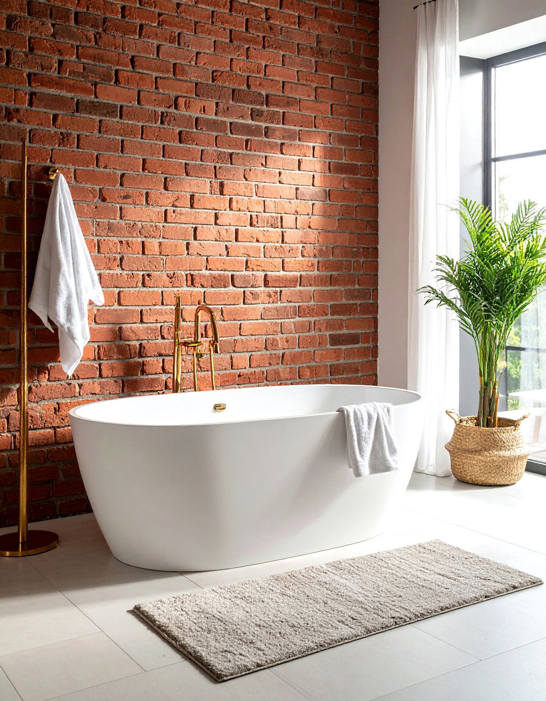 Brick wall with freestanding tub - 30 brick accent wall bathroom ideas
