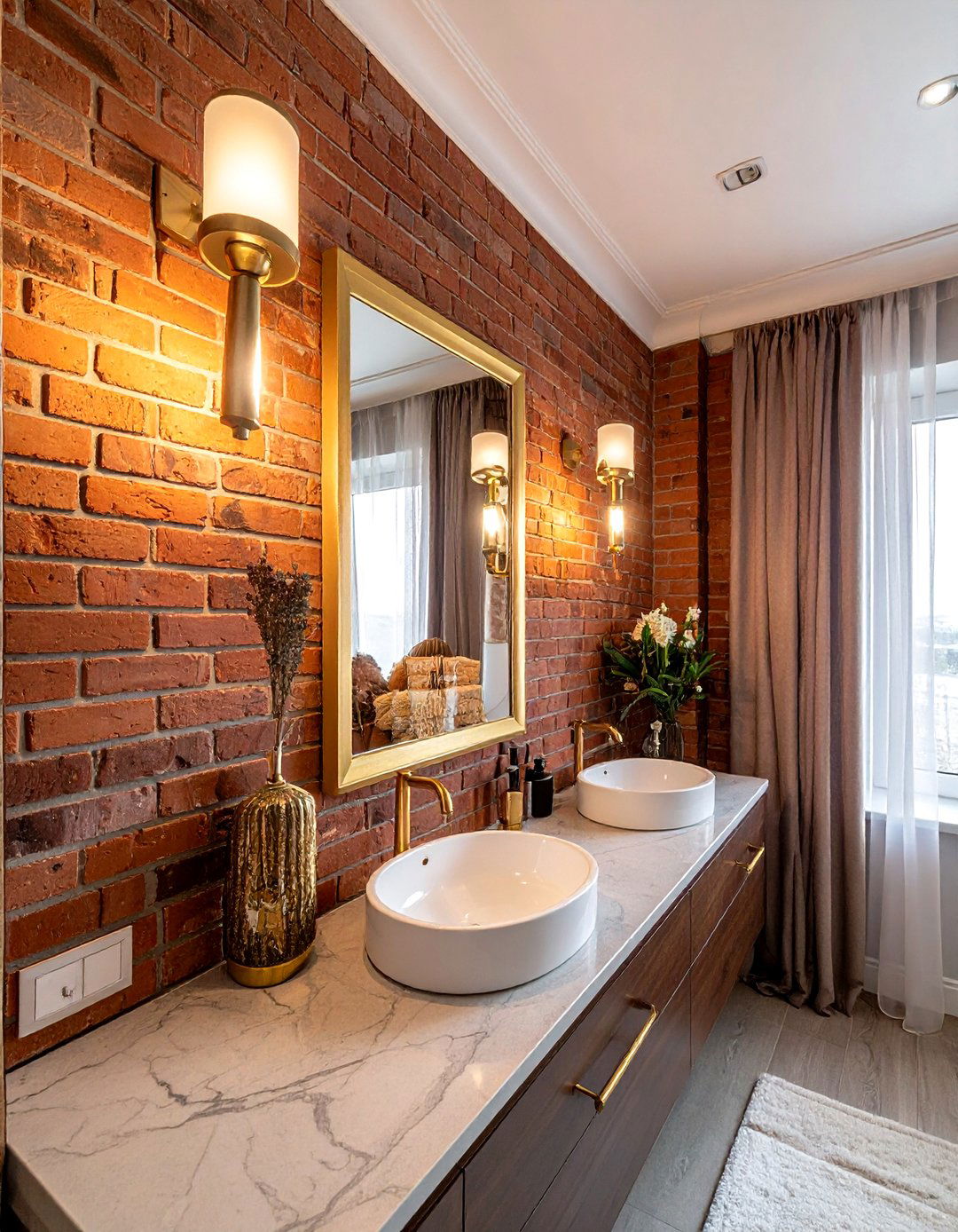Brick wall with gold accents - 30 brick accent wall bathroom ideas