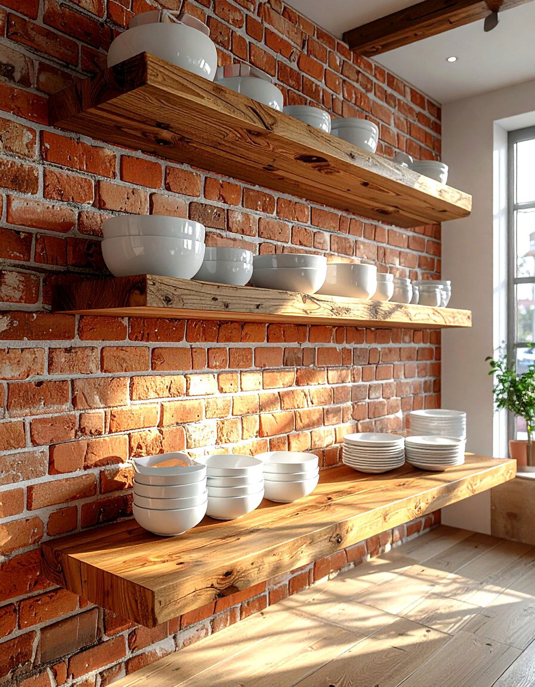 Brick wall with shelves - 30 exposed brick kitchen ideas