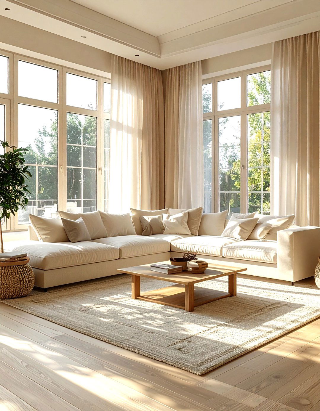 Bright Living Room With Large Windows - 30 scandinavian beige living room ideas