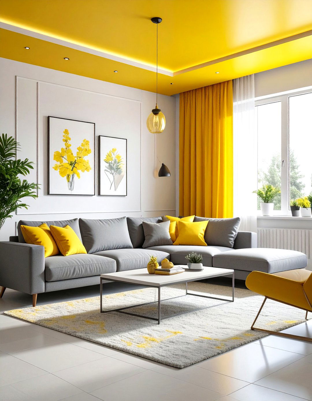 Bright Yellow Ceiling - 30 living room wallpapered ceiling ideas