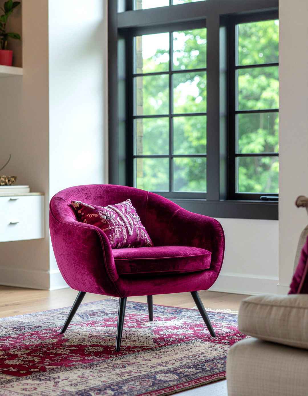 Bright berry accent chair - 30 berry living room ideas