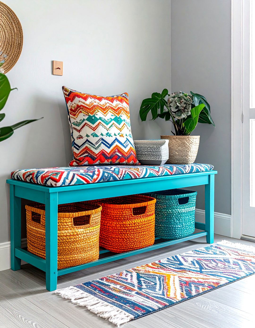 Bright entryway bench - 30 colorful home decor ideas