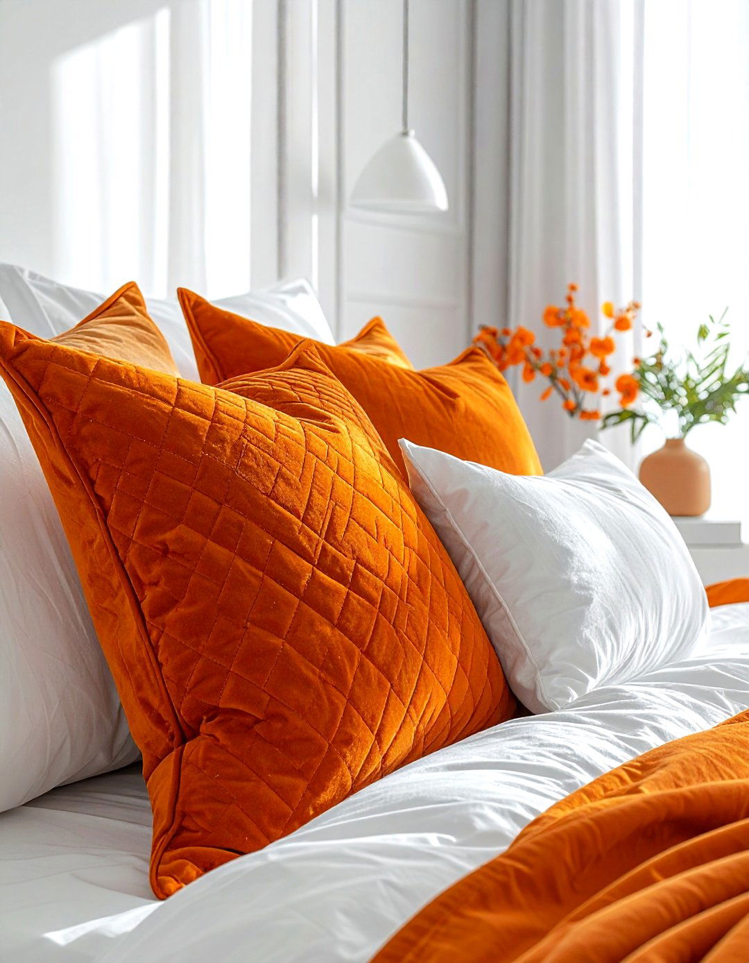 Bright orange throw pillows bedroom - 30 orange and white bedroom ideas
