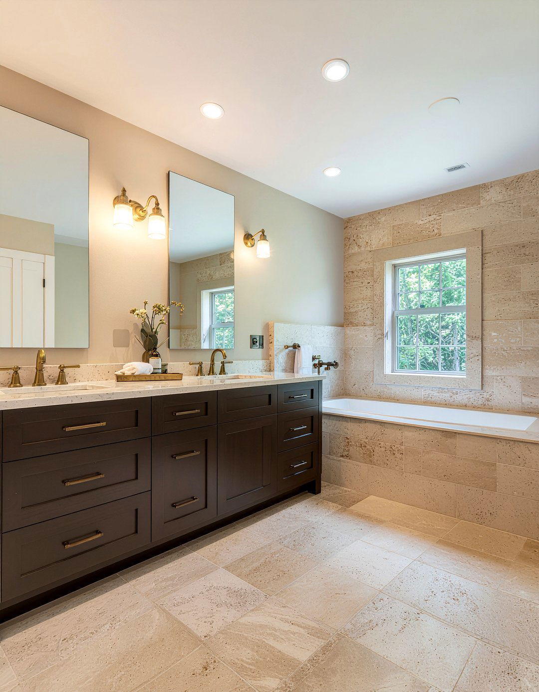 Bronze Hardware And Travertine Stone - 30 bathroom finish mixing ideas