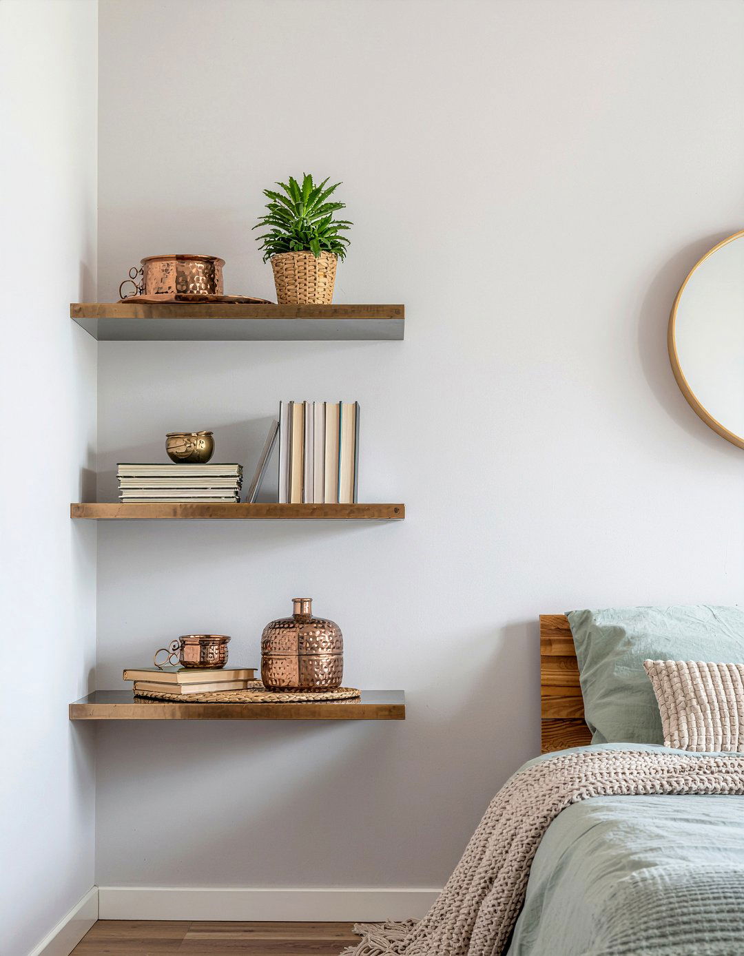 Bronze floating shelves - 30 bronze accent bedroom ideas