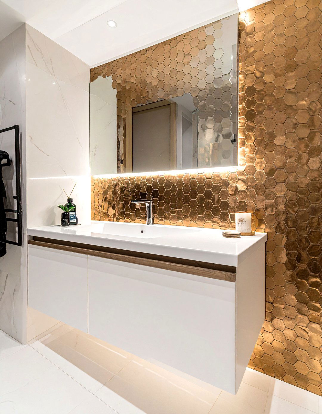 Bronze tile accent wall - 30 bronze bathroom ideas
