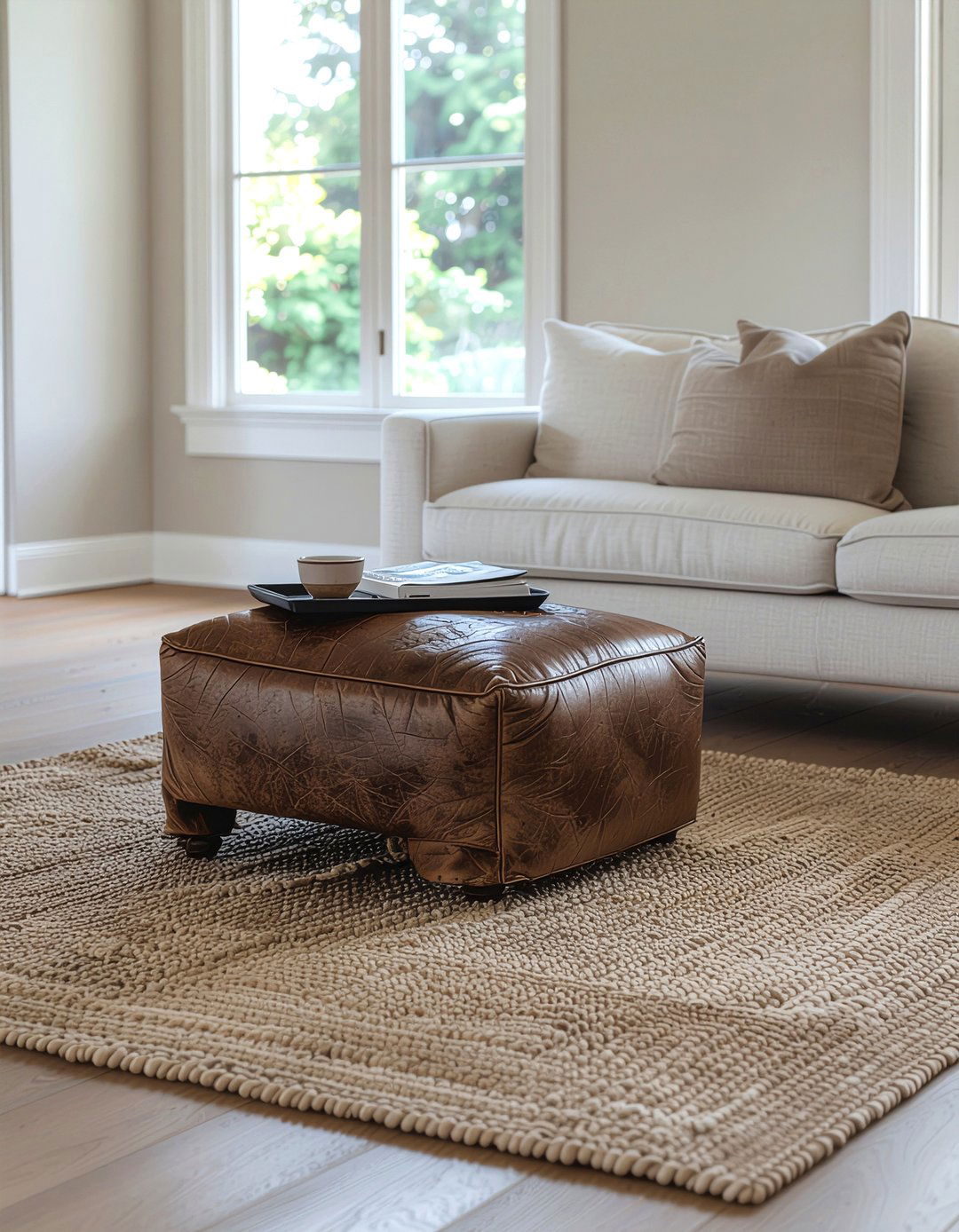 Brown Leather Ottoman - 30 light academia living room ideas