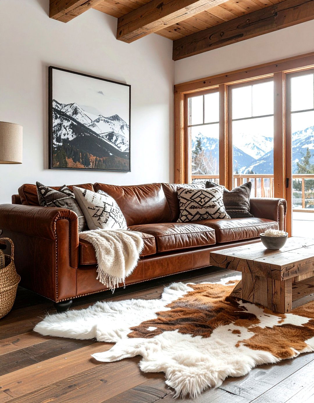 Brown leather sofa - 30 mountain decor ideas