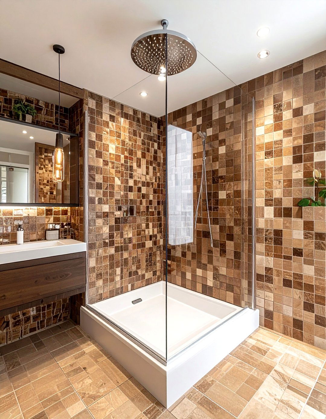 Brown mosaic tile shower - 30 brown and white bathroom ideas
