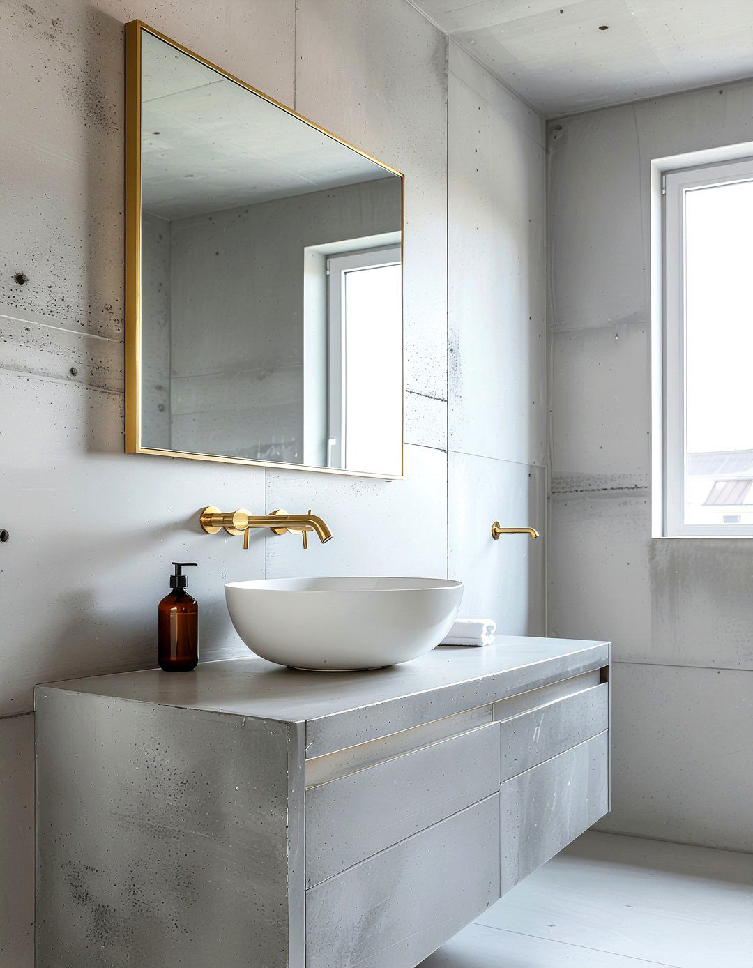 Brutalist concrete wall gold hardware - 30 bathroom era mixing ideas