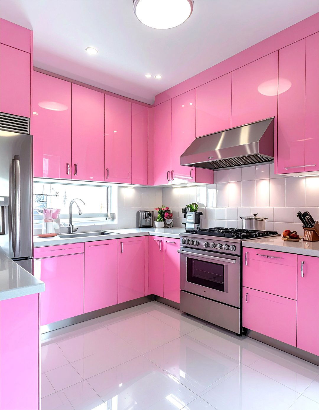 Bubblegum pink and silver kitchen - 30 pink kitchen color schemes