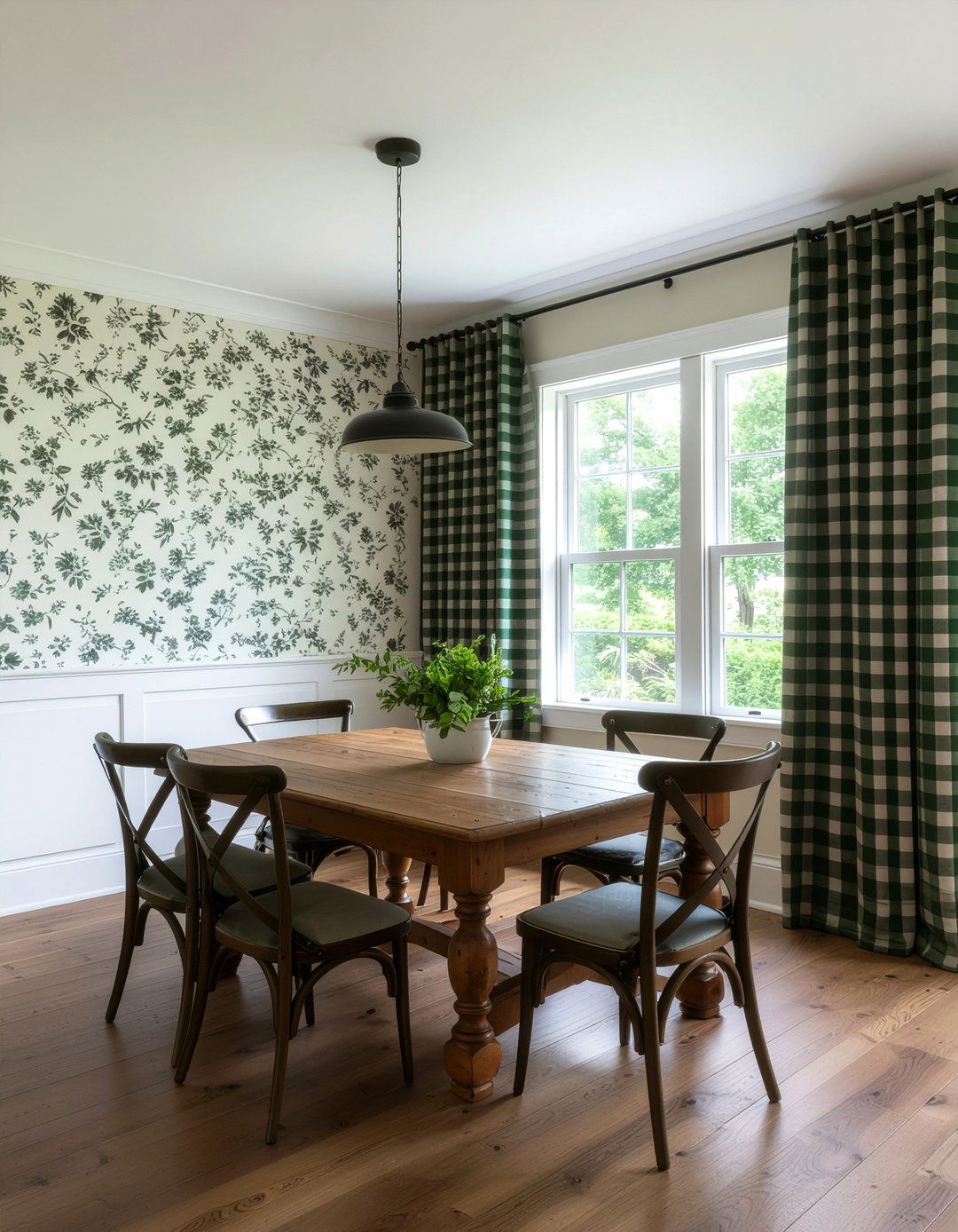 Buffalo Check Curtains And Floral Wallpaper - 30 dining room pattern mixing ideas