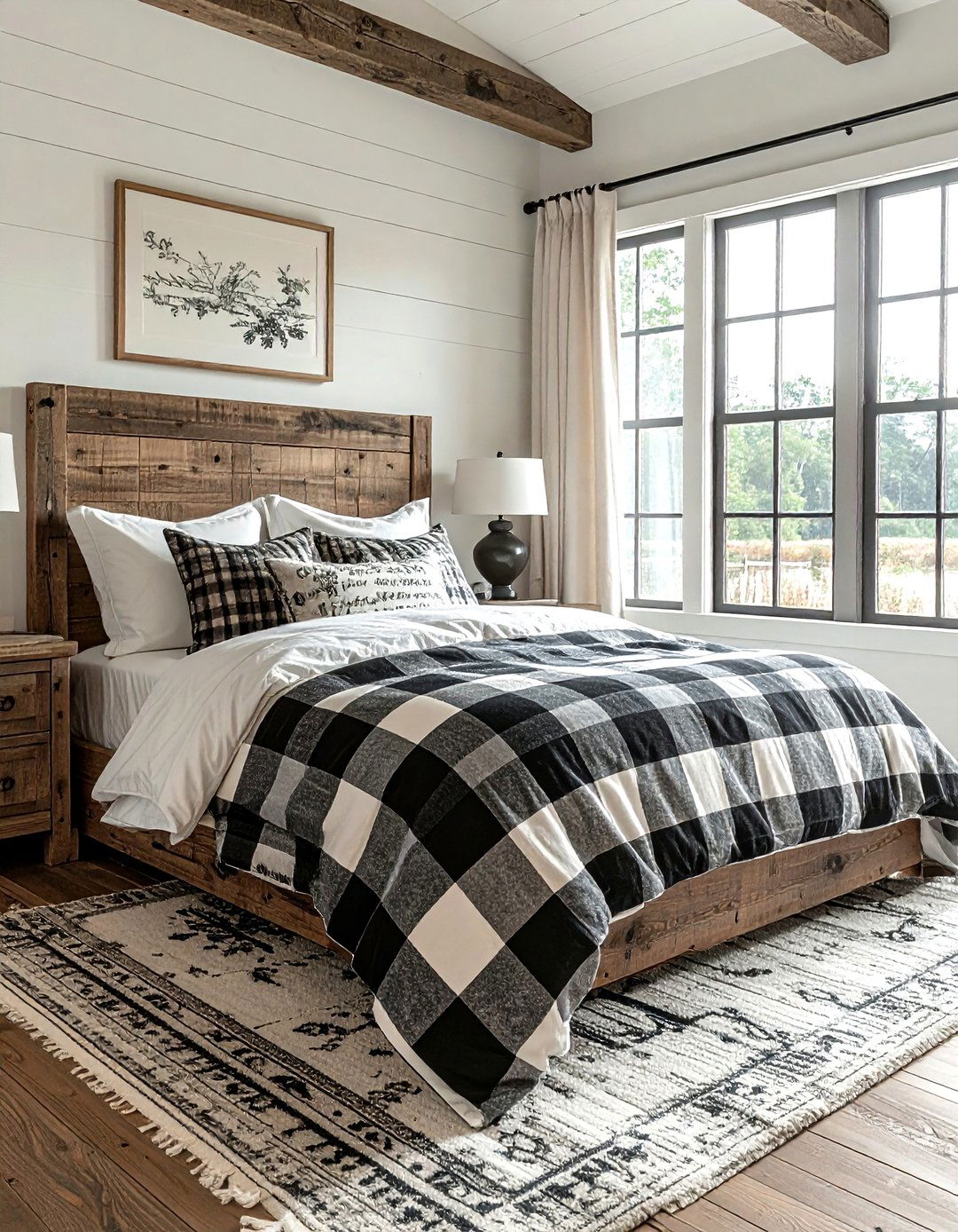 Buffalo check and script print bedroom - 30 bedroom pattern mixing ideas