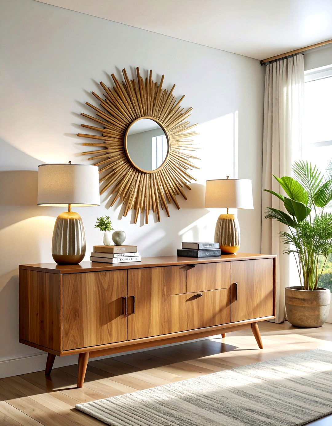 Buffet table sunburst mirror decor - 30 sunburst mirror dining room ideas