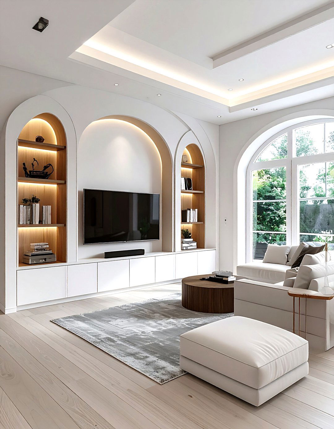 Built In Entertainment Center With Arched Shelving - 30 living room built-in entertainment center