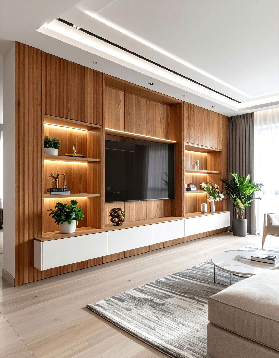 Built In Media Wall With Fluted Wood Panels - 30 living room built-in entertainment center