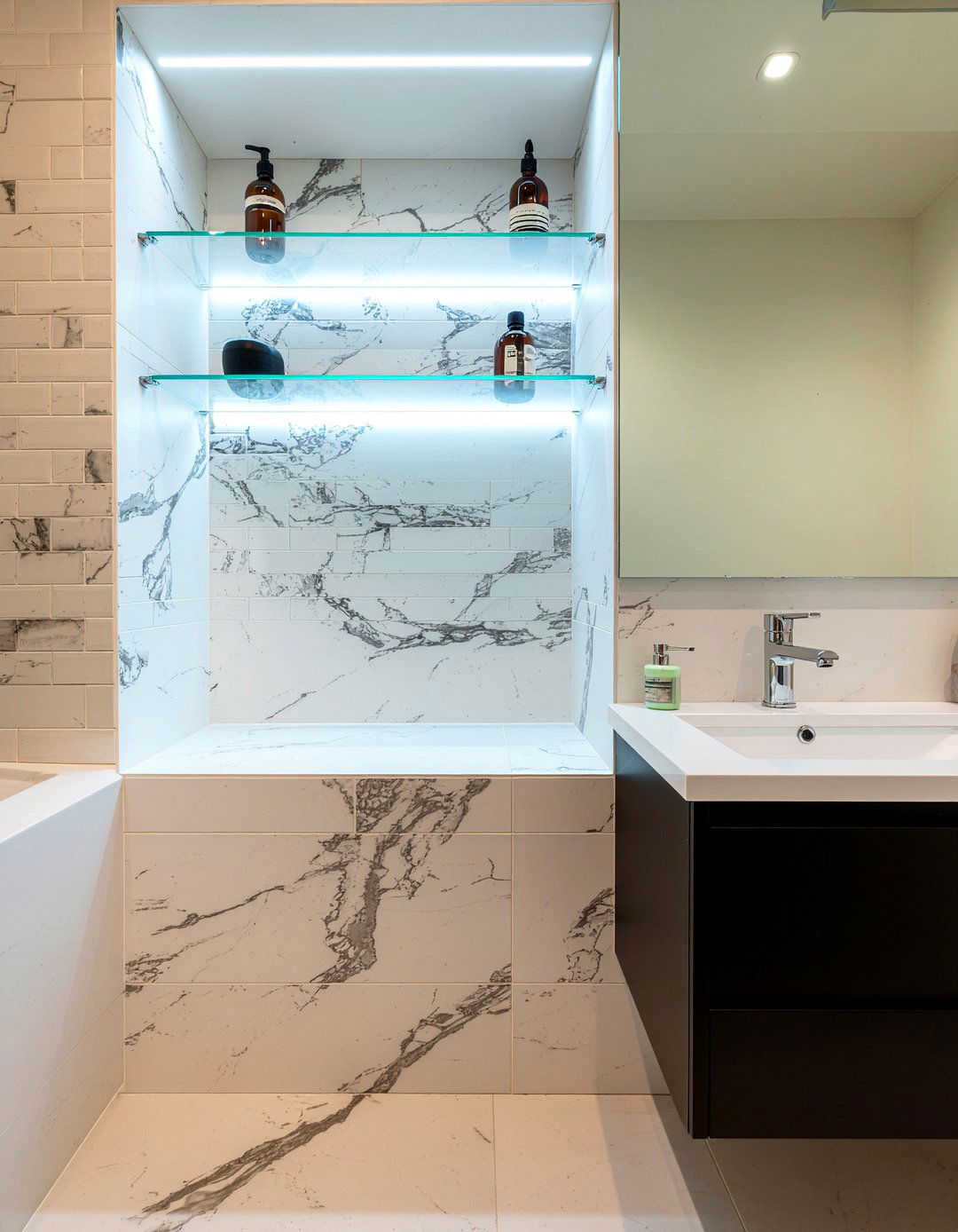 Built In Niche - 30 bathroom high-low mixing ideas