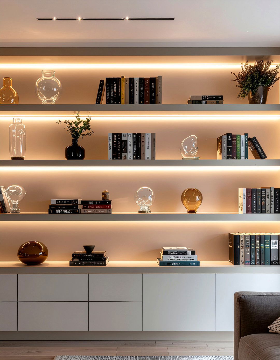 Built in bookshelf lighting - 30 living room bookshelf styling ideas