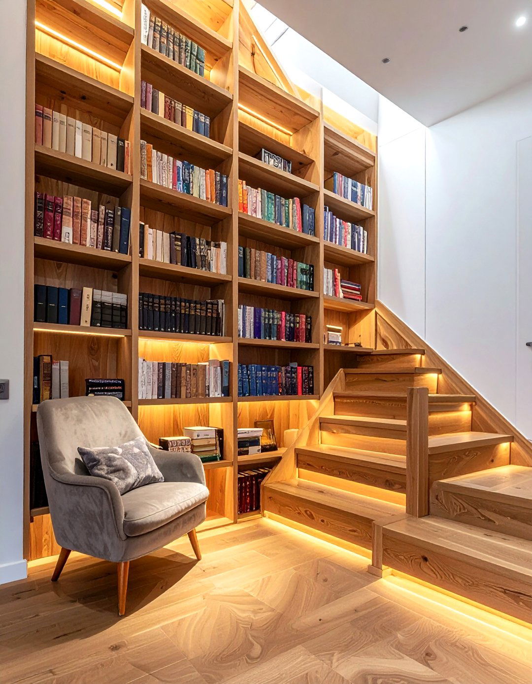 Built in bookshelf under stairs - 30 stairway decor ideas