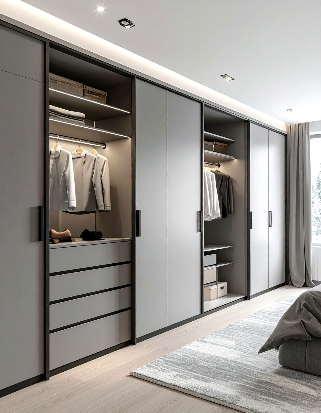 Built in closet storage - 30 scandinavian grey bedroom ideas