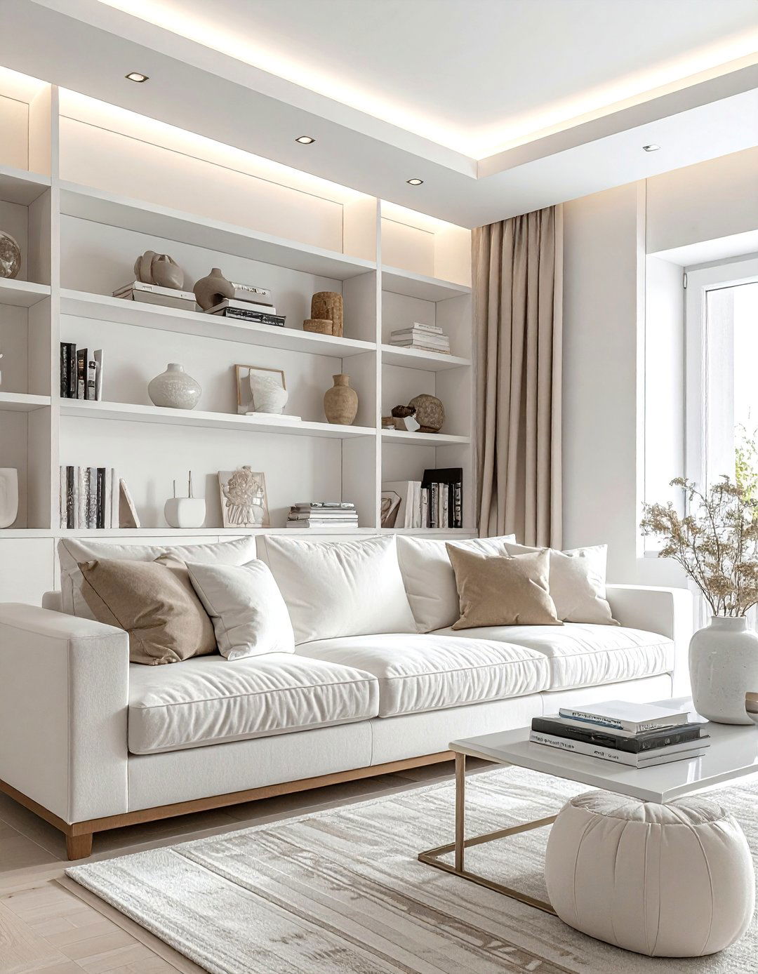 Built in shelf beige living room - 30 beige and white living room ideas