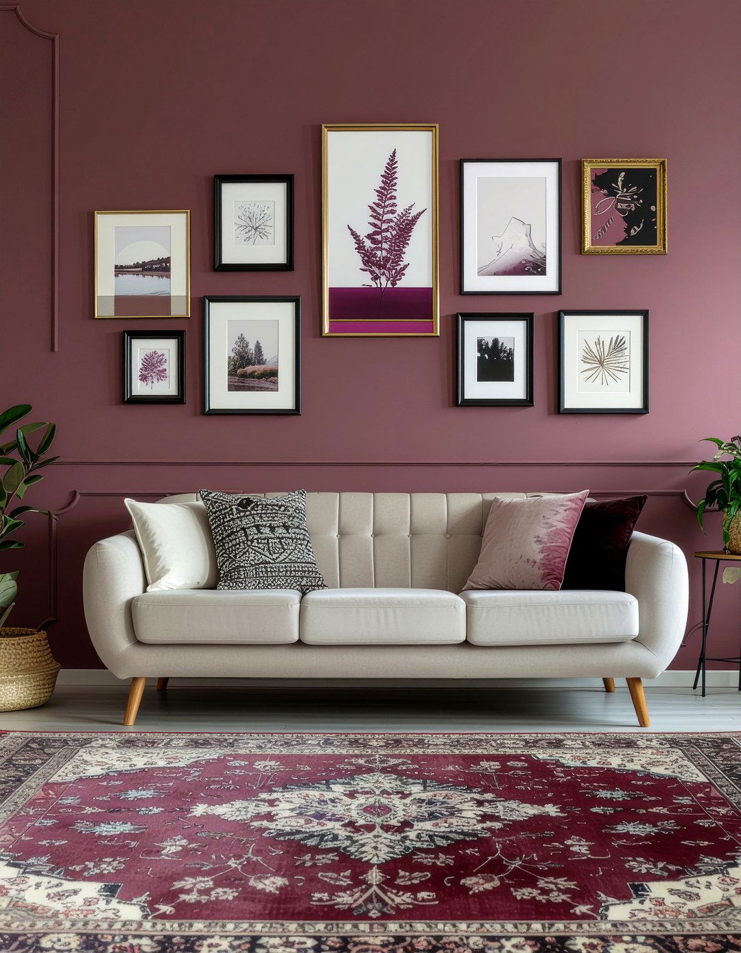Burgundy Gallery Wall - 30 burgundy living room ideas