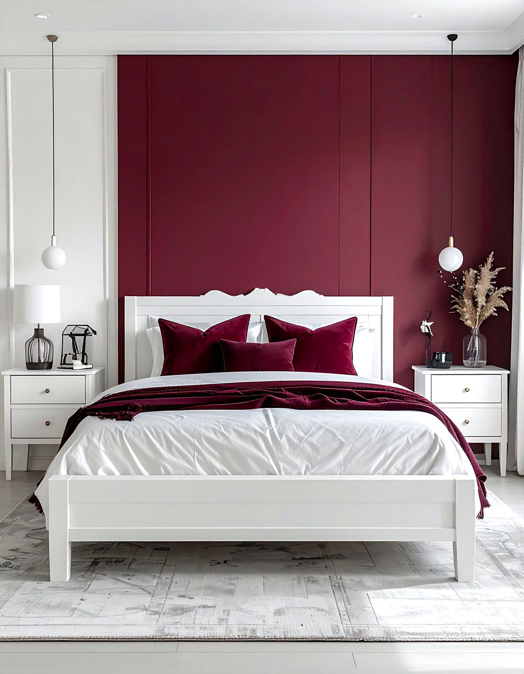 Burgundy accent wall white bedding - 30 burgundy and white bedroom ideas