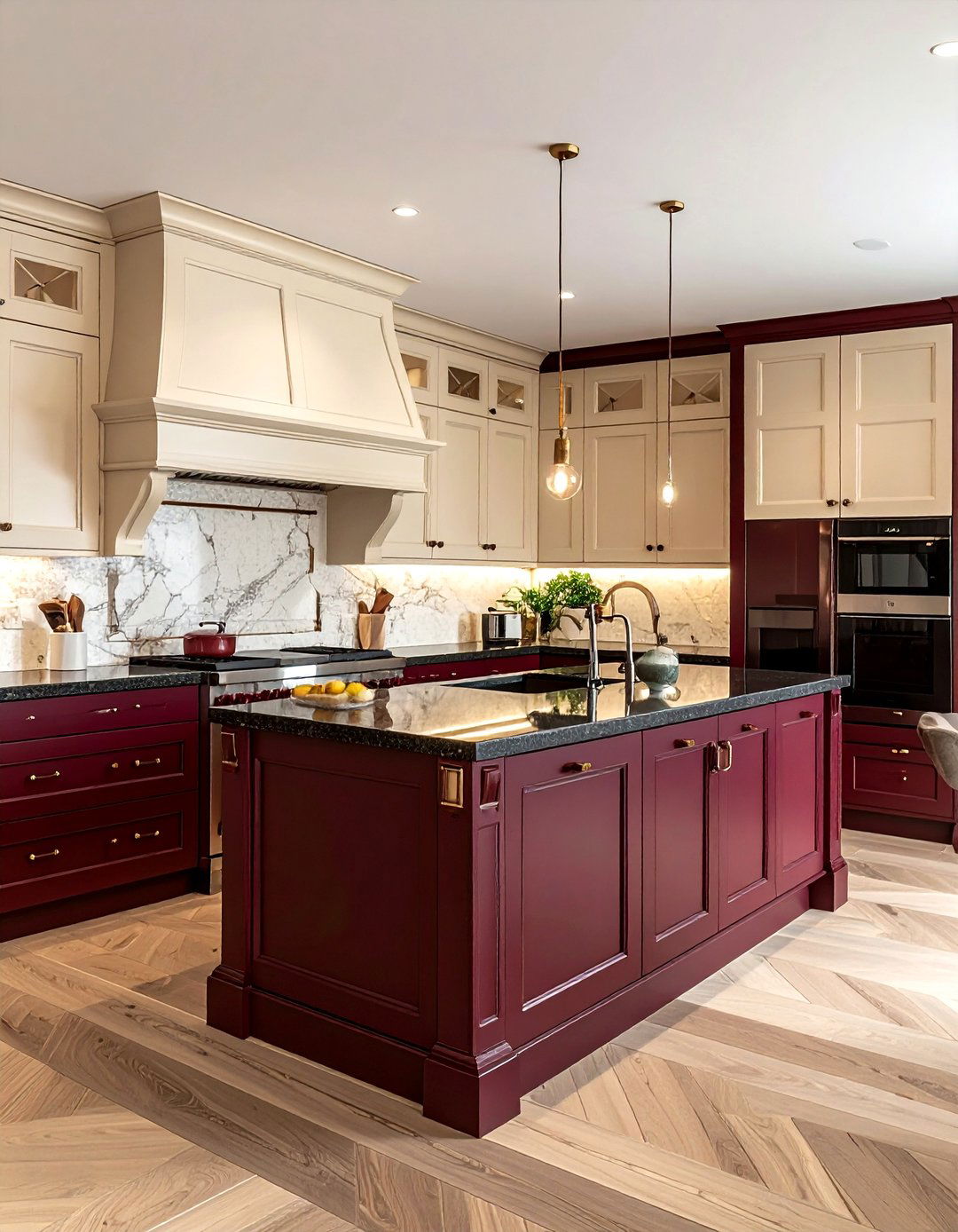 Burgundy and cream kitchen cabinets - 30 two-tone kitchen cabinet ideas
