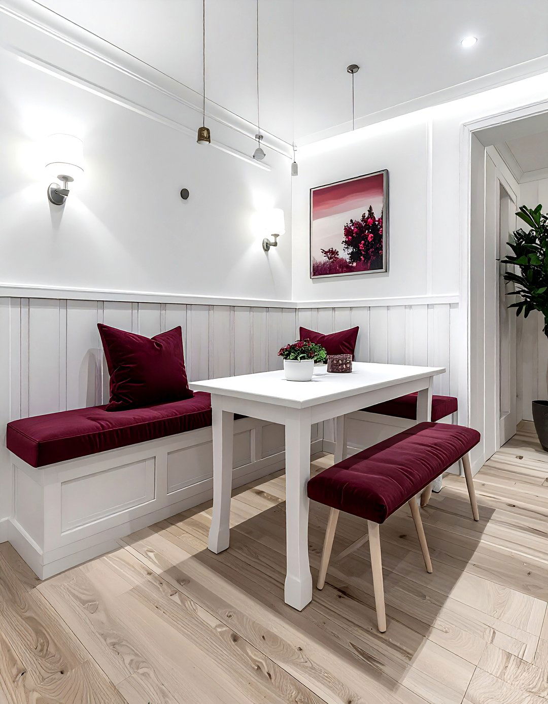 Burgundy and white bench seating - 30 burgundy and white dining room ideas