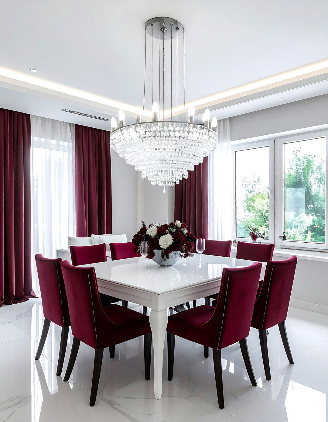 Burgundy and white chandelier lighting - 30 burgundy and white dining room ideas