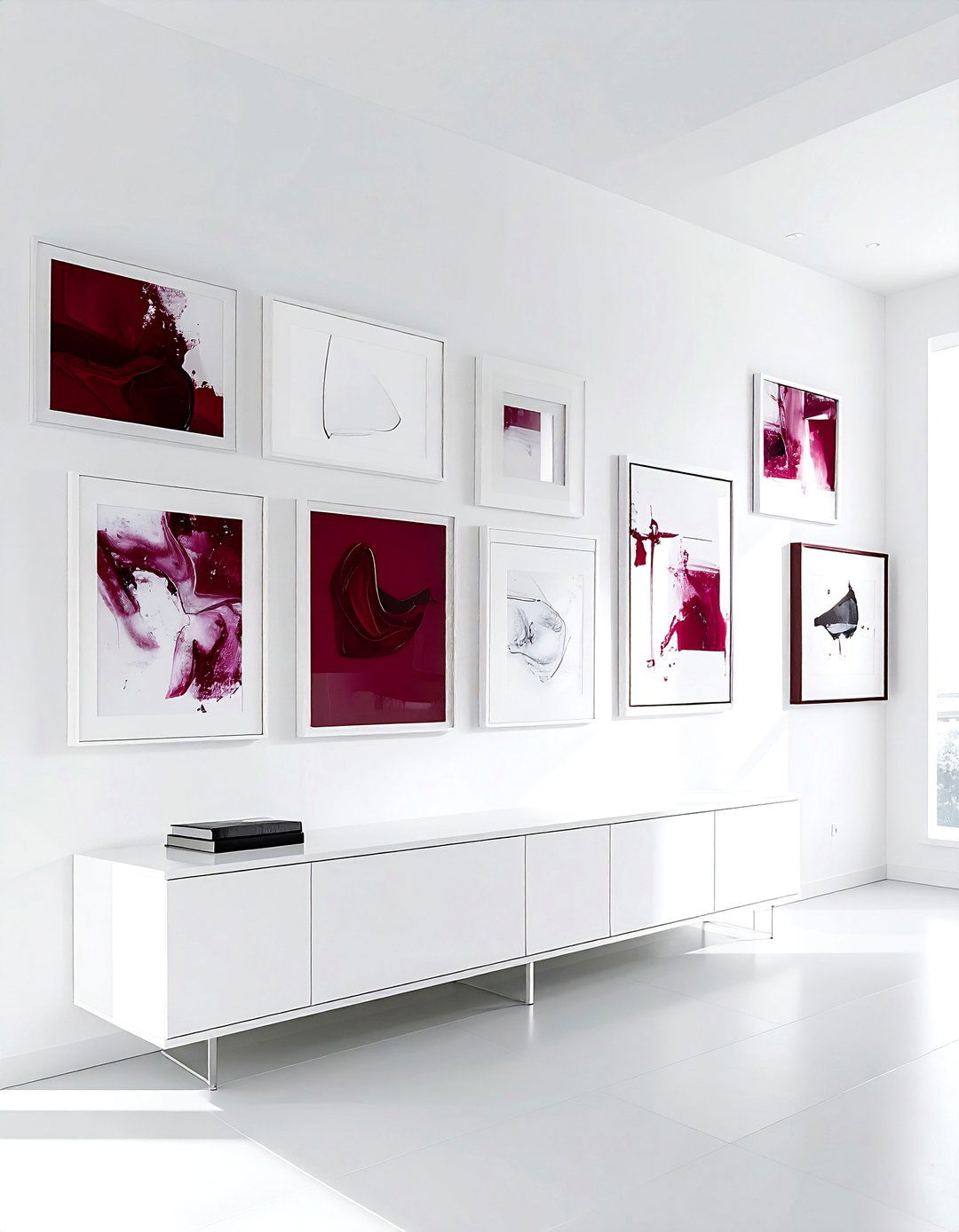 Burgundy and white gallery wall - 30 burgundy and white dining room ideas