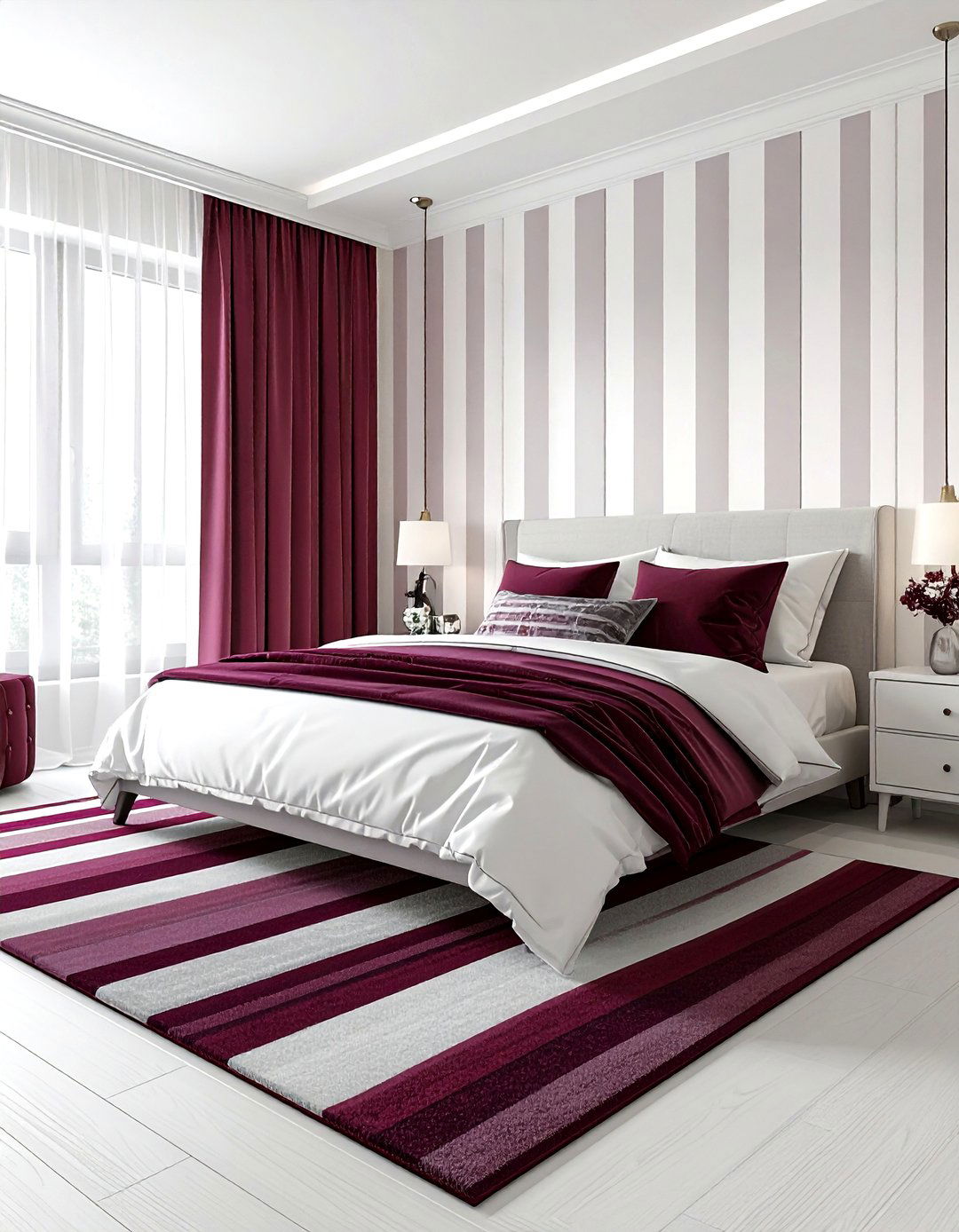 Burgundy and white striped bedroom - 30 burgundy and white bedroom ideas