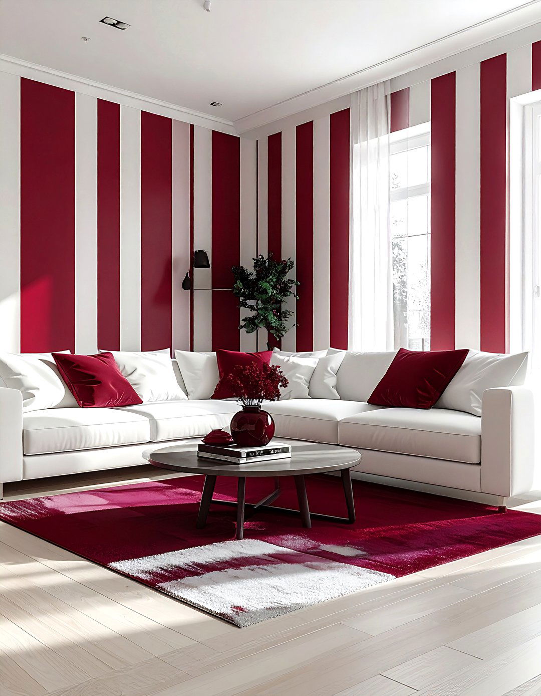 Burgundy and white striped walls - 30 burgundy and white living room ideas