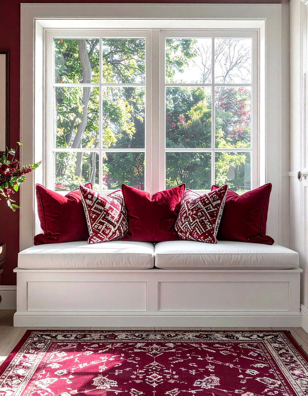 Burgundy and white window seat - 30 burgundy and white living room ideas