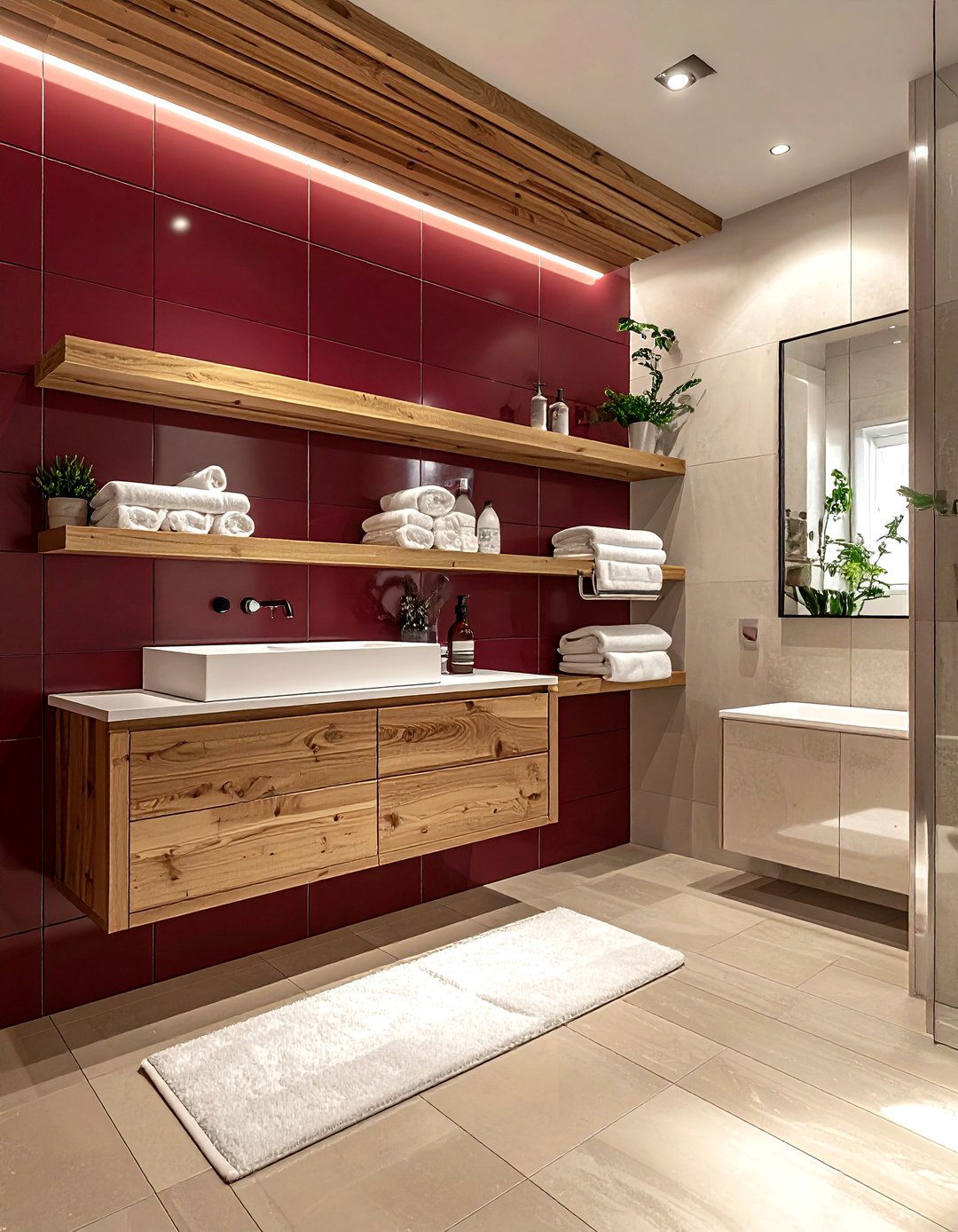 Burgundy and wood bathroom - 30 burgundy bathroom ideas