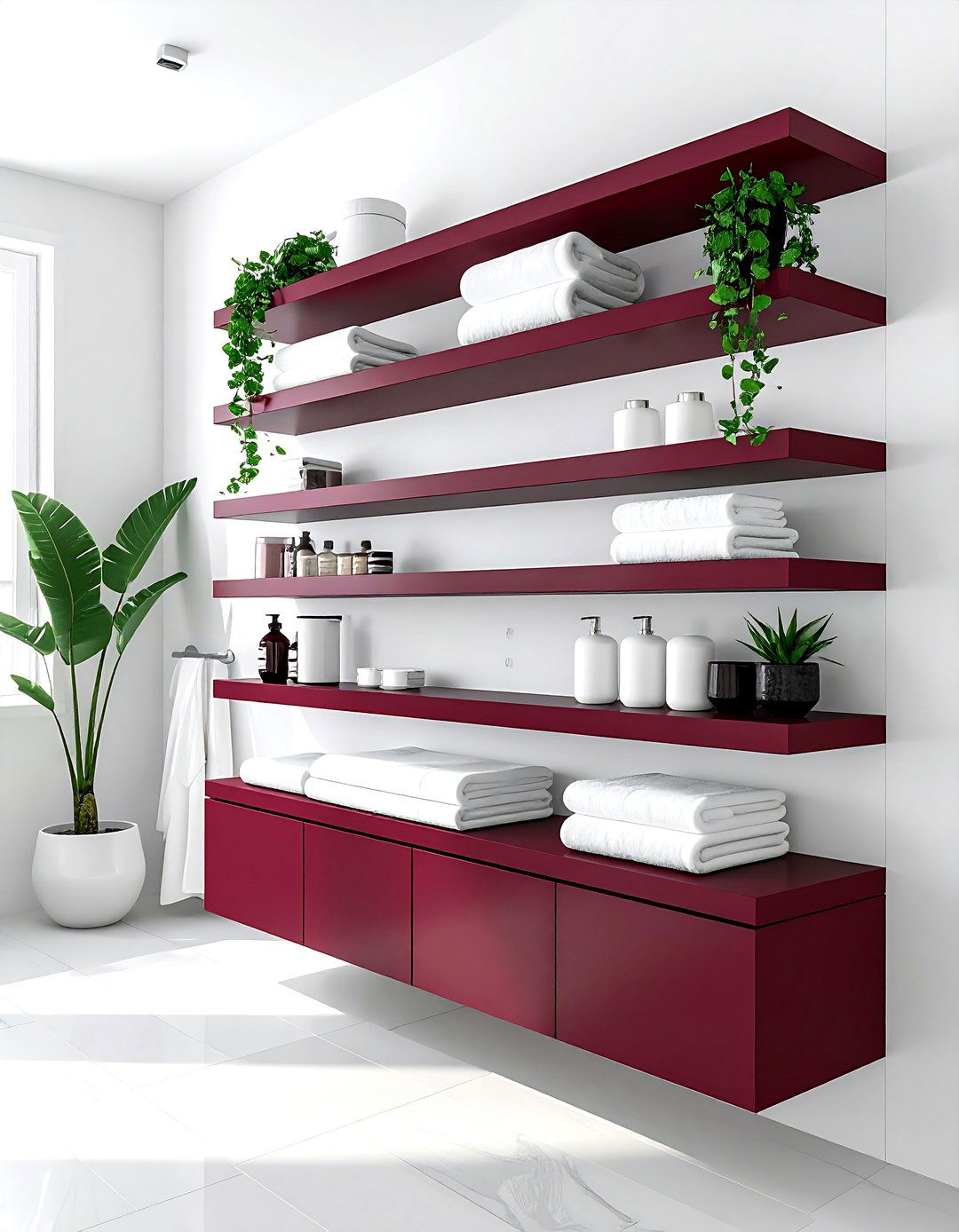 Burgundy bathroom shelving - 30 burgundy bathroom ideas