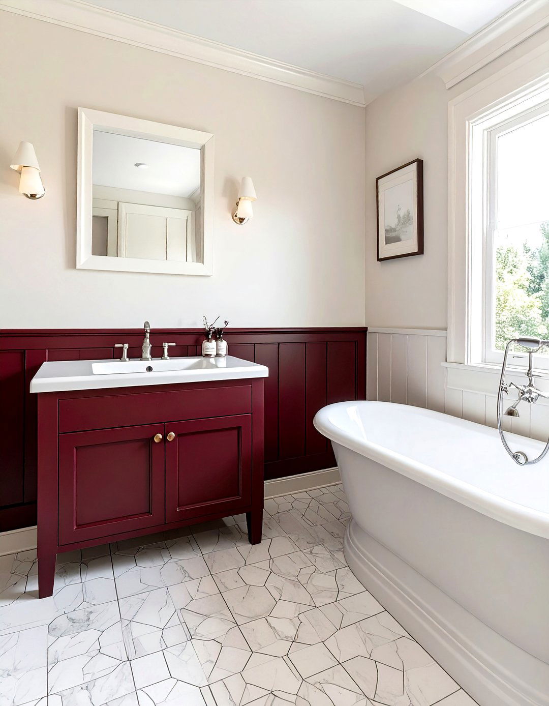 Burgundy bathroom wainscoting - 30 burgundy bathroom ideas