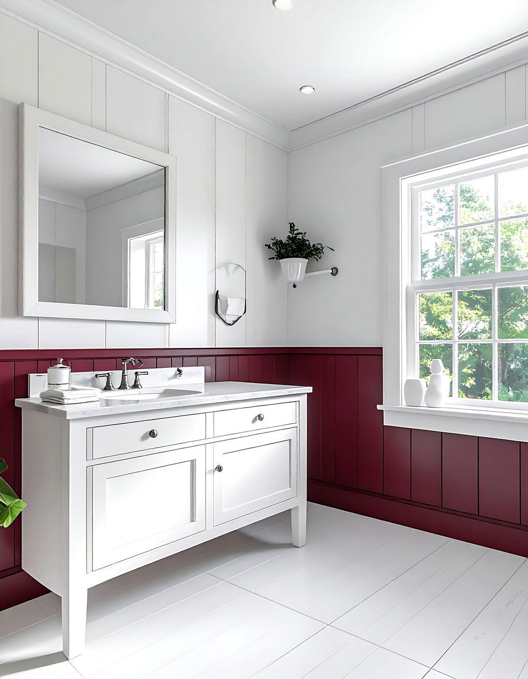 Burgundy beadboard white bathroom - 30 burgundy and white bathroom ideas