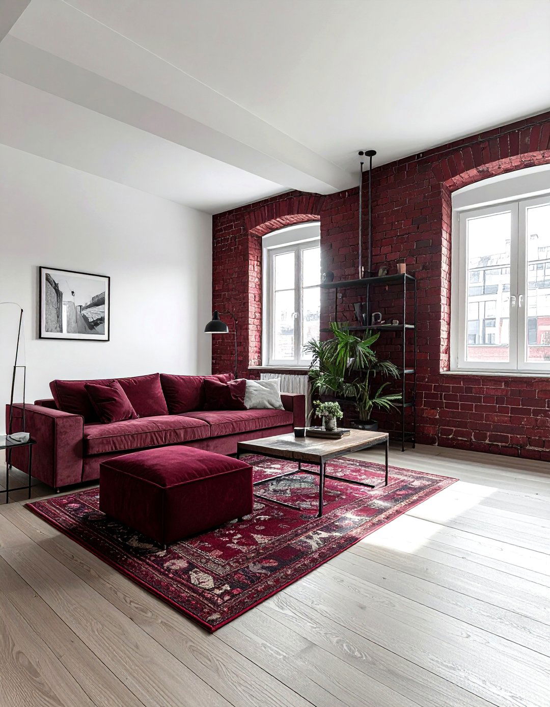 Burgundy brick wall white paint - 30 burgundy and white living room ideas